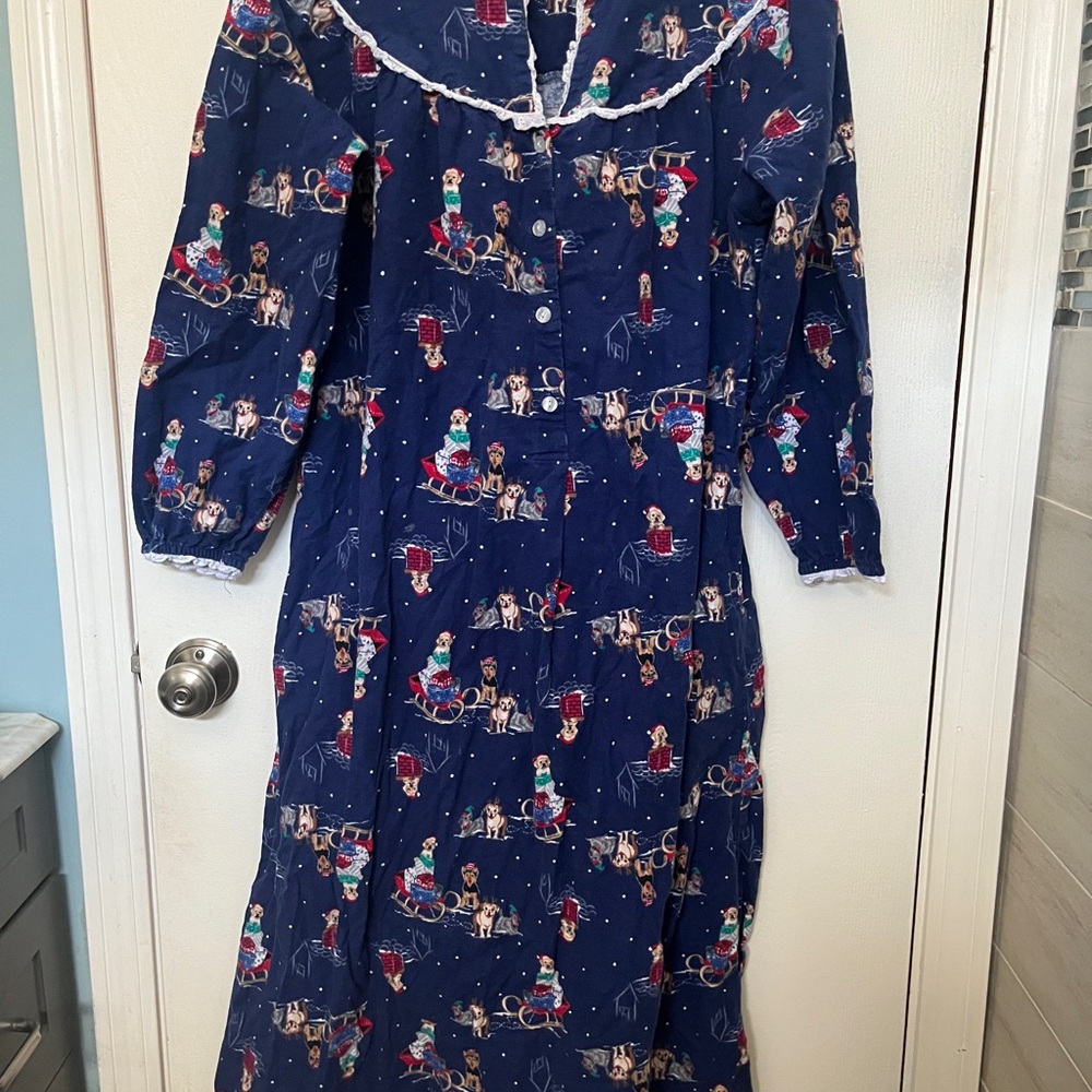 Christmas Puppies Lanz of Salzburg Navy Blue Flannel Nightgown